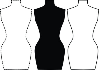 Vector mannequines in black silhouette, line art, dotted line. Elements for design illustrations, card, poster about sewing, fashion.