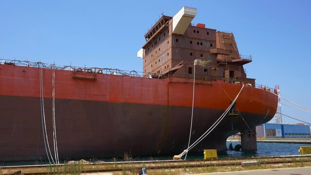 A ship partially built in Pula, Croatia.  The shipyard is now disused