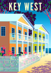 Key West travel poster. Beautiful landscape with houses, beach, palms and sea in the background. Handmade drawing vector illustration.