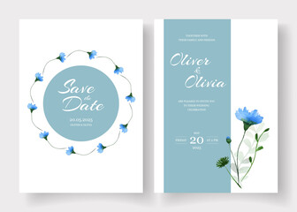 Fototapeta premium Wedding invitation cards decorated with hand painted watercolor wildflowers