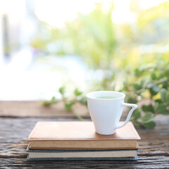 Small cup of coffee and notebooks and plant on wooden table
