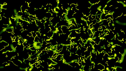 Neon Green Strings Of Energy Illustration. Abstract neon green particles on black background.