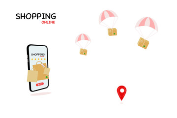 Concept of online shopping on smartphone, parcel boxes and online goods on pink background,E-commerce package will fly on a parachute flat element isolated vector illustration