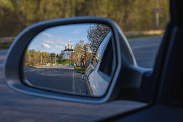 view mirror reflection in car, ukrainian Catherine's church