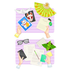 Top view of hands signing paper document and sending postcard set vector illustration