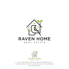 raven home real estate logo, luxury geometry line art home and bird vector