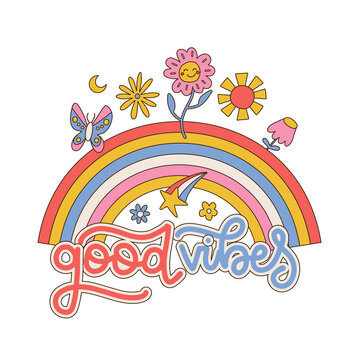 Good vibes - 70s groovy lettering slogan with rainbow, daisies and butterfly signs print for kids and girl tee - t shirt or sticker. Linear hand drawn vector illustration.
