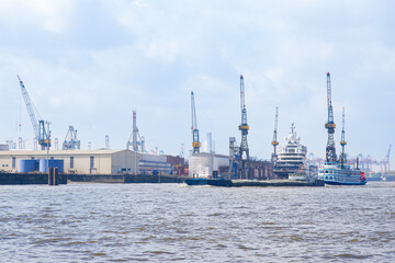 Fototapeta premium Hamburg cargo port with containers and cranes, in the foreground the river Elbe