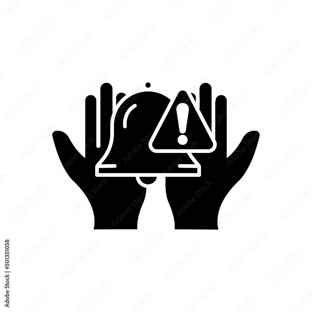 Poster hand icon with bell and exclamation mark. suitable for notification symbol, warning. solid icon styl