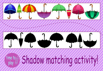 children's educational game. the logic problem. find the right shadow. umbrella.