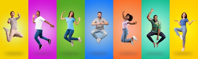 Happy multiracial millennials jumping up and gesturing, collection of photos