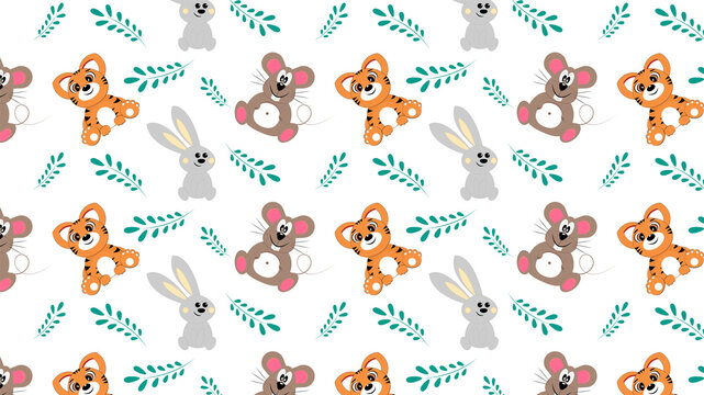 A pattern with cute cartoon characters. Mouse, tiger and hare.