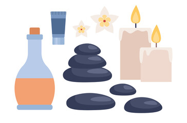 Spa icon set. Body care, natural treatment, spa salon, cosmetics, medicine, orient massage concept. Organic beauty product, natural oils, essences, stones, candles, flowers. Vector flat illustration