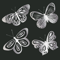 silver butterflies silhouette, on a black background, isolated, vector