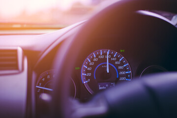 Closeup dashboard of mileage driving a car  - obrazy, fototapety, plakaty
