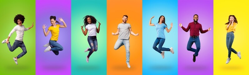 Collection of positive multiracial young people jumping on studio backgrounds