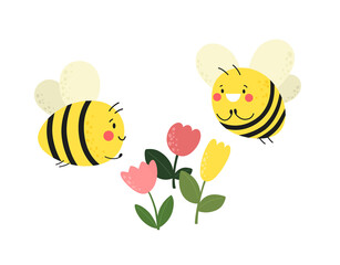 Happy bees with flowers. Vector illustration.