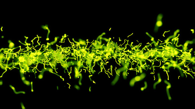 Neon Green Strings of Energy. Neon color strings on black background.
