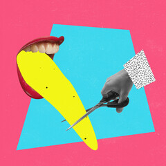 Contemporary art collage. Male hand cutting with scissors female tongue sticking out giant mouth...