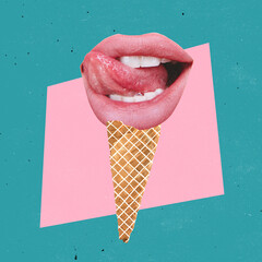 Contemporary art collage. Plump female lips, beautiful mouth with tongue sticking out on ice cream...