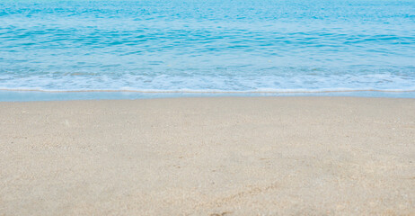 Fototapeta na wymiar Beach sand sea water summer background. Sand beach desert texture. White foam wave sandy seashore