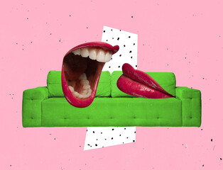 Contemporary art collage. Female mouths lying on green sofa, having conversation isolated over pink...