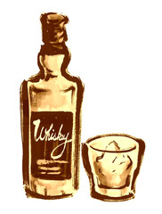 ウィスキーの瓶とグラスの手描き和風イラスト　セピア色　琥珀色