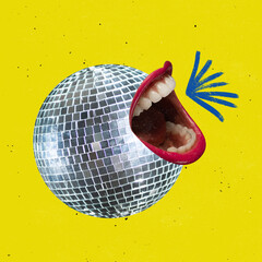 Contemporary art collage. Giant female lips with red lipstick singing near disco ball isolated over yellow background