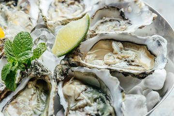 Oysters with wine, lemon, and ice. oysters dish. Oyster dinner with champagne in restaurant. banner, menu, recipe place for text, top view