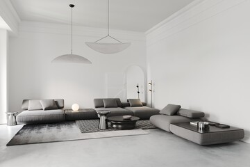 3d rendering of modern white living room with grey sofa and marble and chrome table, carpets on concrete floor, wall with big mirror, lamp and decor bas-relief
