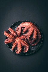 Octopus. Two octopuses on a dark volcanic dish on the black background. Fresh delicacies seafood