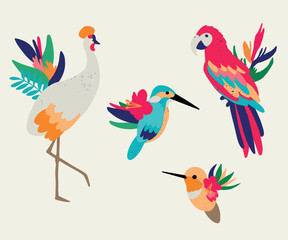 Сomposition of exotic leaves, flowers, birds. Isolated on white background. Decorative bouquet with tropical birds and leaves.