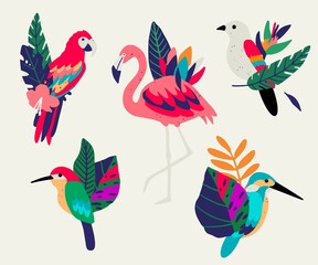 Сomposition of exotic leaves, flowers, birds. Isolated on white background. Decorative bouquet with tropical birds and leaves.