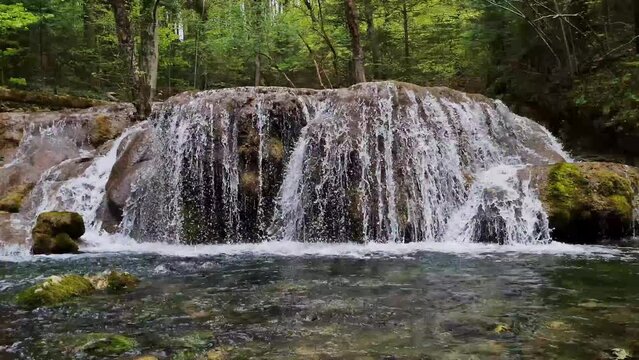 Static shot of slow motion waterfall in the forest. Green trees and moss