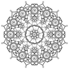 Circular pattern in form of mandala for Henna  Mehndi  tattoo  decoration. Coloring book page.