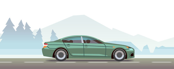 Fototapeta na wymiar Mountain landscape with car riding. Fast travel concept