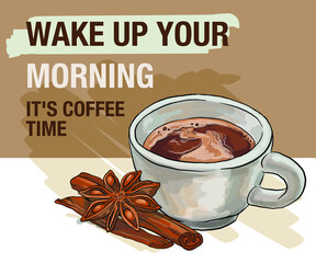 wake up your morning it's coffee time, can be used for website or social media or for commercial products.