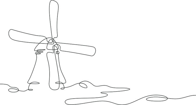 One continuous line.Old mill against the backdrop of nature. Historical landscape with preserved buildings. Milling production. Mill in the field. One continuous line drawn isolated, white background.