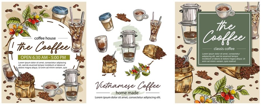 set Hand drawn set of coffee elements, coffee cups with vietnamese coffee drip. vector illustration. Graphic style elements: label, postcard, sticker, menu, packaging.