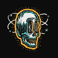 hand drawn illustration of a knockout skull with stars around the head