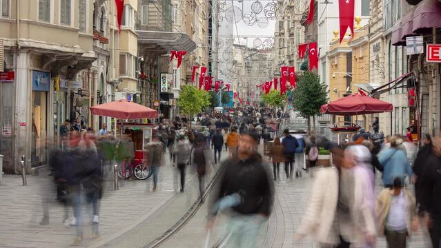 cloudy day istanbul city center famous crowded touristic pedestrian traffic street panorama 4k timelapse turkey