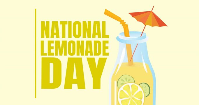 Animation of national lemonade day text and lemonade icon over yellow background