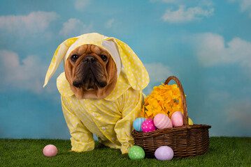 french bulldog dog dressed as an easter bunny on a bench with painted eggs and daffodils - 501357210