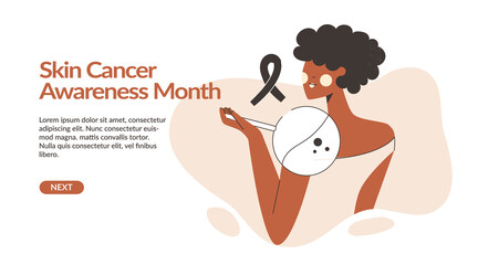 Skin cancer and melanoma awareness month vector illustration with prevention woman screening. Person health checkup, birthmark spot, detection disease, oncology problem check landing template, banner