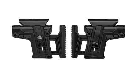 Modern plastic buttstock. Replaceable part of the gun. Isolate on a white back.