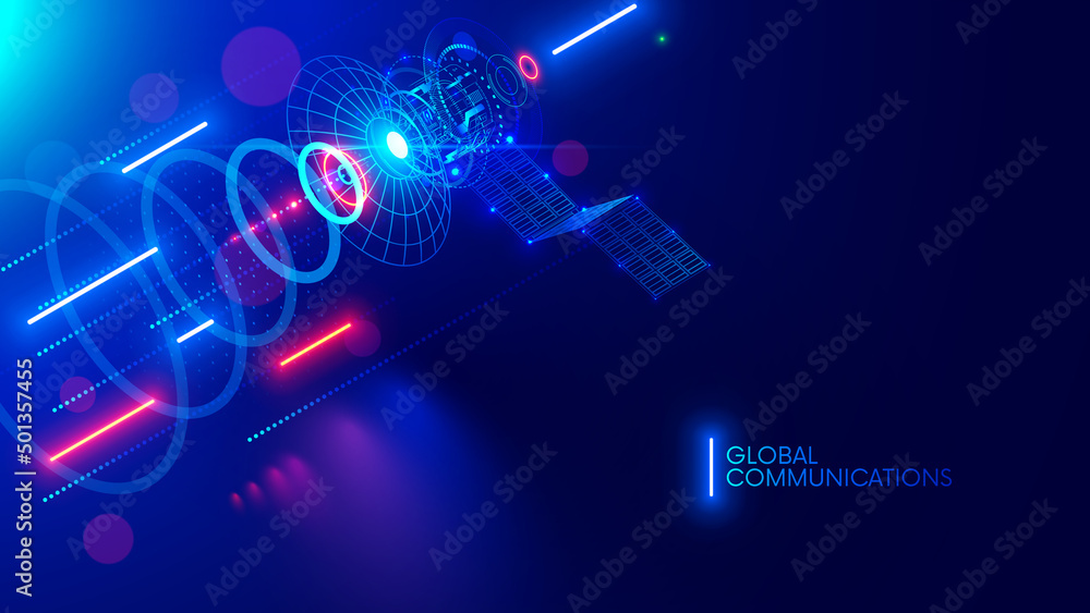 Aufkleber Satellite communications abstract banner. Satellite in space transmit wireless signal of global internet. Artificial earth satellite with solar panels on orbit broadcast transmission of internet data.