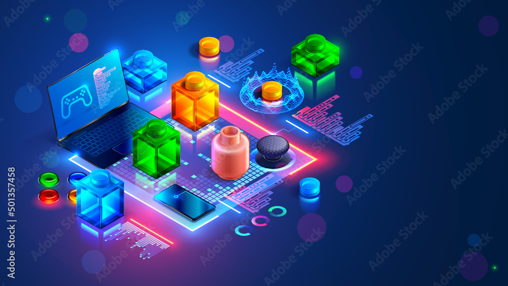 Aufkleber Digital software for technical education of teenagers. Children code a simple computer video game program on laptop. Isometric banner stem-education training for children. Programming course.