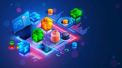 Digital software for technical education of teenagers. Children code a simple computer video game program on laptop. Isometric banner stem-education training for children. Programming course.
