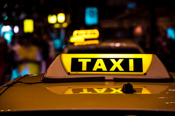 A glowing yellow taxi sign on the roof of a car at night