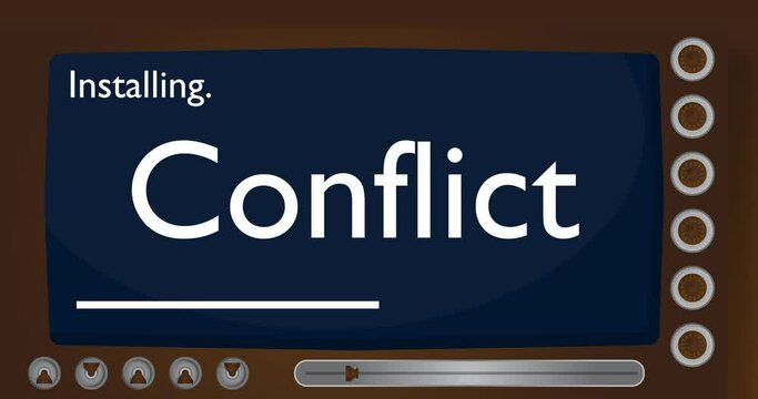 Cartoon Computer With the word Conflict. Video message of a screen displaying an installation window.